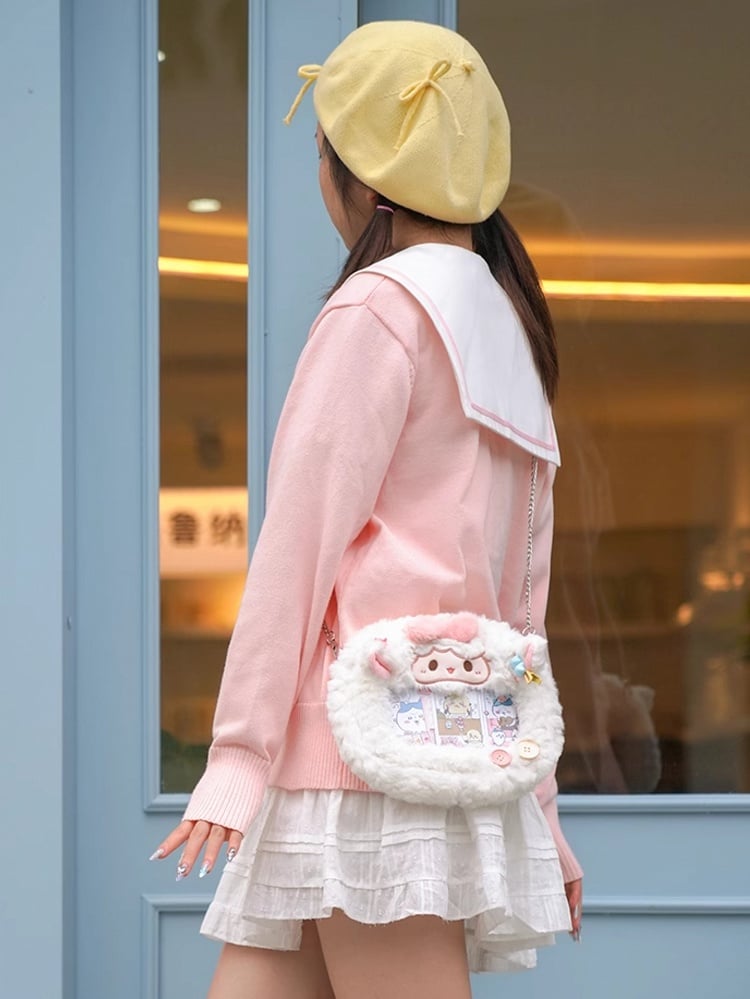 Bowknot verziert Lamm Umhängetasche weiß Plüsch Ita niedlich