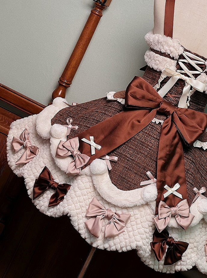 Applikationen Süßes Plüsch Herzchen und Akzente mit Braunen Details Schleife Kleid Lolita Weiß