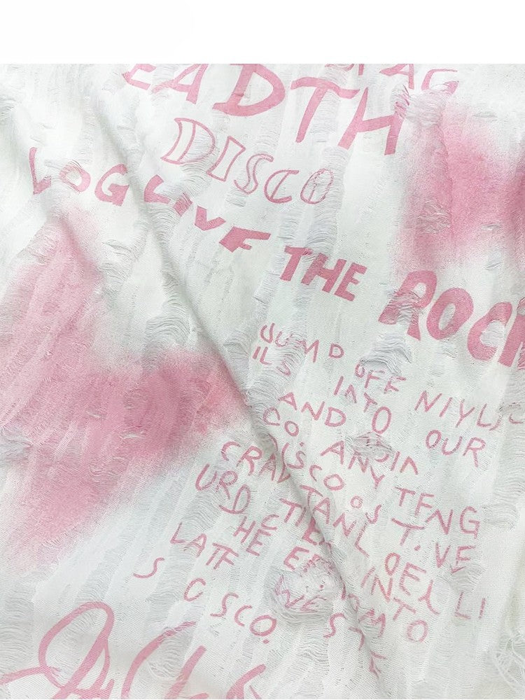 非対称Y2KビタースイートネックラインレターバタフライTシャツオフホワイトとプリント