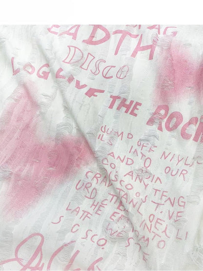 非対称Y2KビタースイートネックラインレターバタフライTシャツオフホワイトとプリント