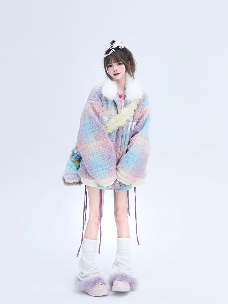 Details with Winter Colorful Coat Collar Faux Plush White Fur Text