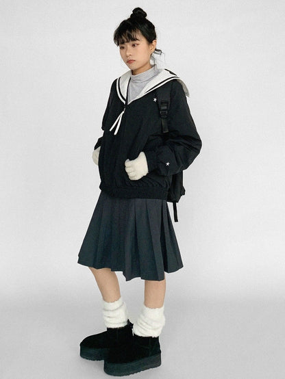 Star Collar Front with Black Sailor White Jacket Zipper - Patches Heart