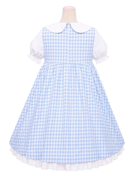 Robe bleue à carreaux et manches courtes bouffantes, col Peter Pan, motif Little Chicken