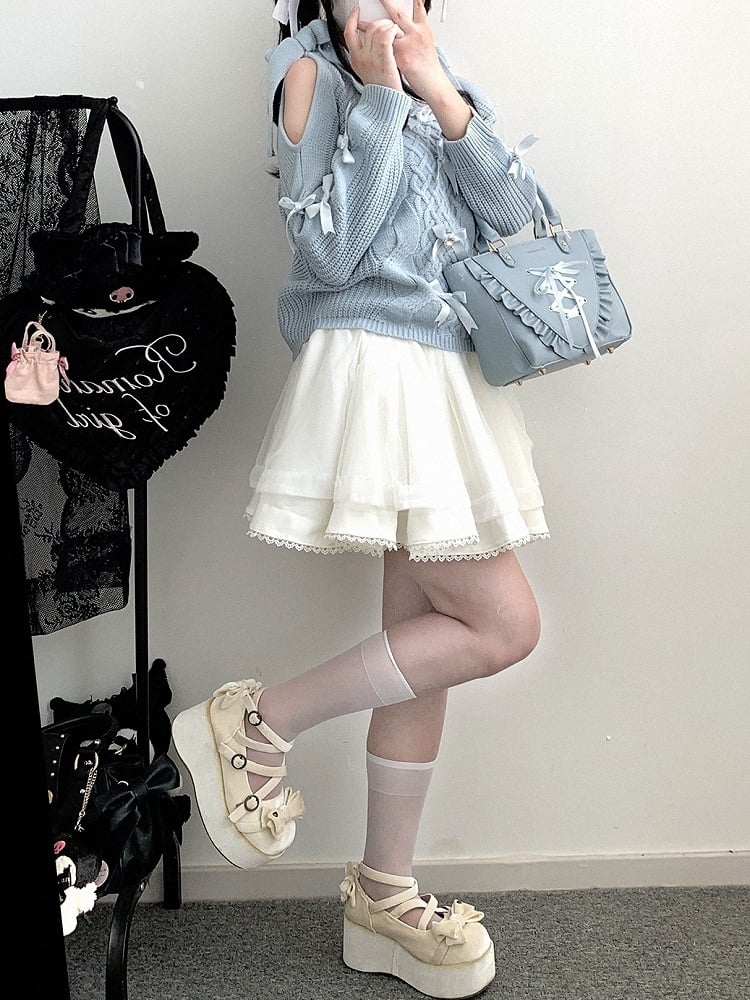 Blue Bow Accents Cutout Shoulder Landmine Style Sweater