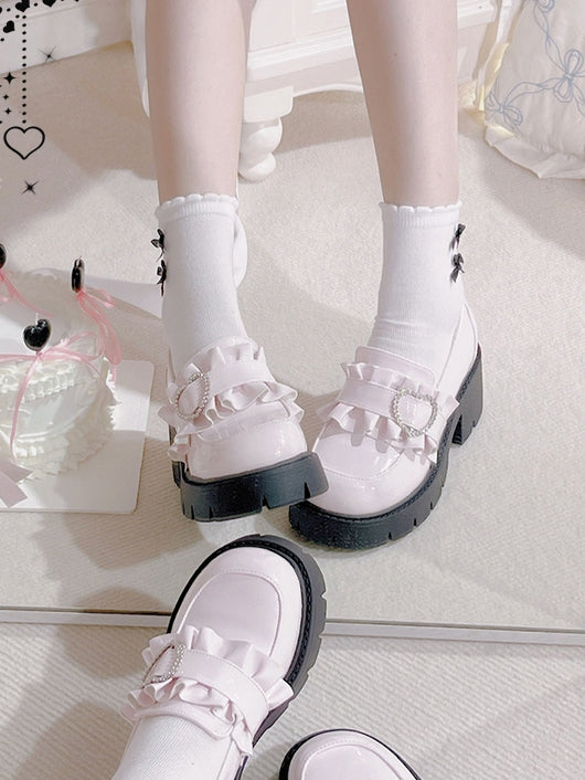 Shoes Jirai 6.5cm Pink Chunky Detail Kei with Loafers Beaded Heel Sweetheart Platform