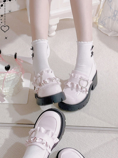 Shoes Jirai 6.5cm Pink Chunky Detail Kei with Loafers Beaded Heel Sweetheart Platform