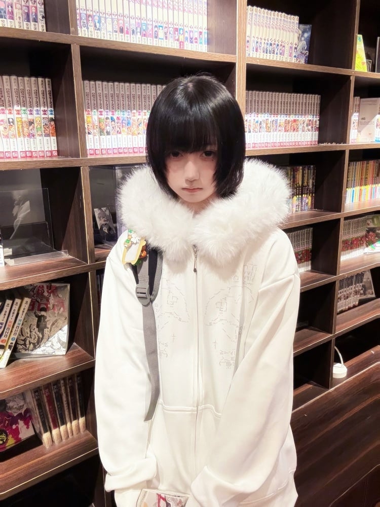 Zip Dolphin-Print White Landmine Hoodie Style Fur-Collar