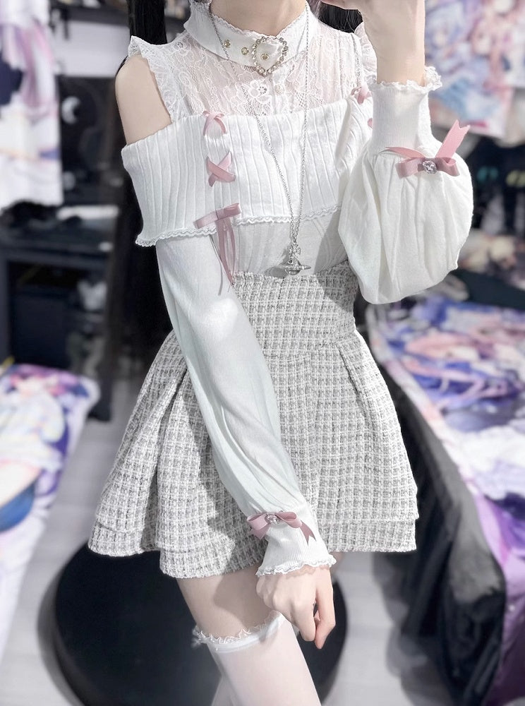 Sweater：Illusion Pink White Jirai Shoulder with Knit Open Buckle Neckline Kei