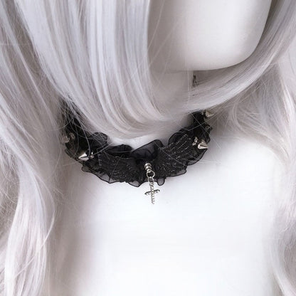Studded Choker Wings White/Black Lace Cross Accents