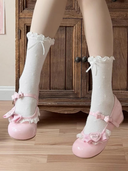 Lace Heels Low PU Bow Trim with Sweet Decorations Leather Pink