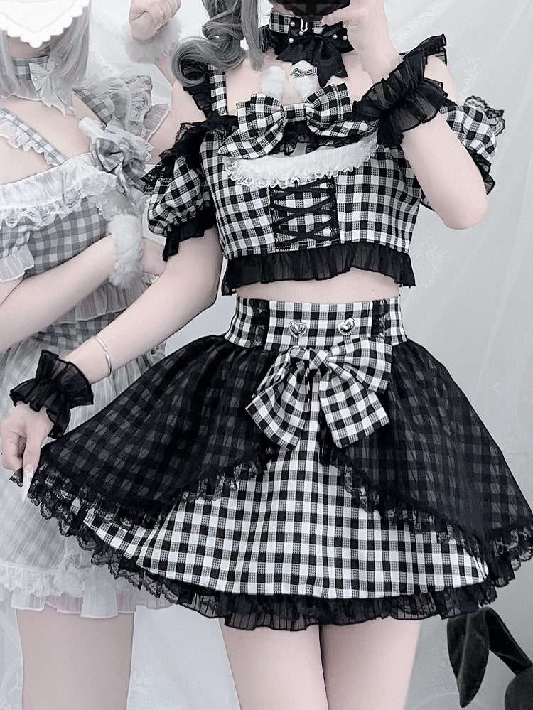 Off-the-shoulder Choker Bowknot+ Design Bunny Waist Plaid Idol High Neckline Skirt+ Set- Ears + Top Jirai Kei Black