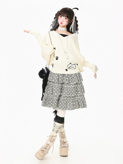 Apricot Two-Piece Look Batwing Sleeve Sweater with Kitten Themed Embroidery - Languid Park