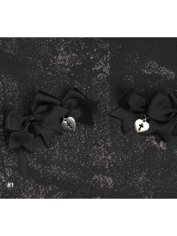 Black Gothic Bow Hairclip with Cross - Strange Sugar