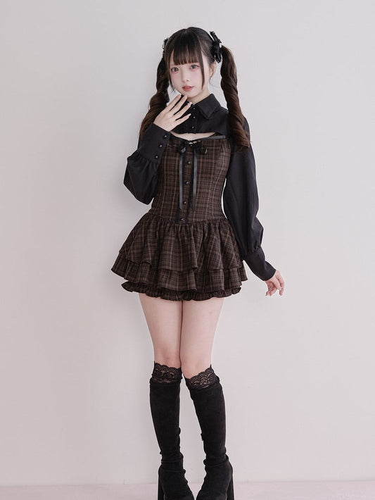 Jirai Fake Brown Set Plaid Matching Dress Two-Piece Kei Long-Sleeve + Shorts