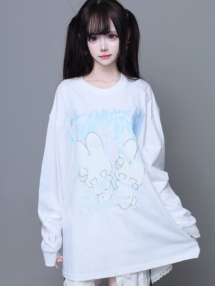 Print White Lace-Up Long-Sleeve T-Shirt Kei Jirai with Bunny