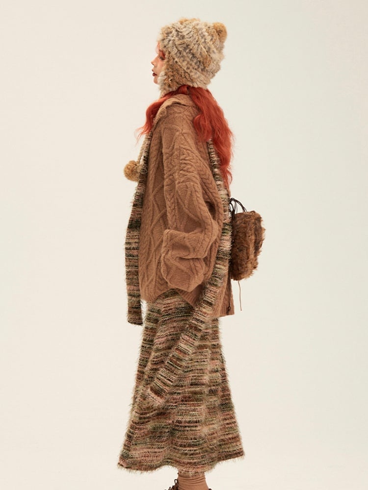 Matching Pink Scarf Dress Winter Fall Knit Slip for with Green Striped