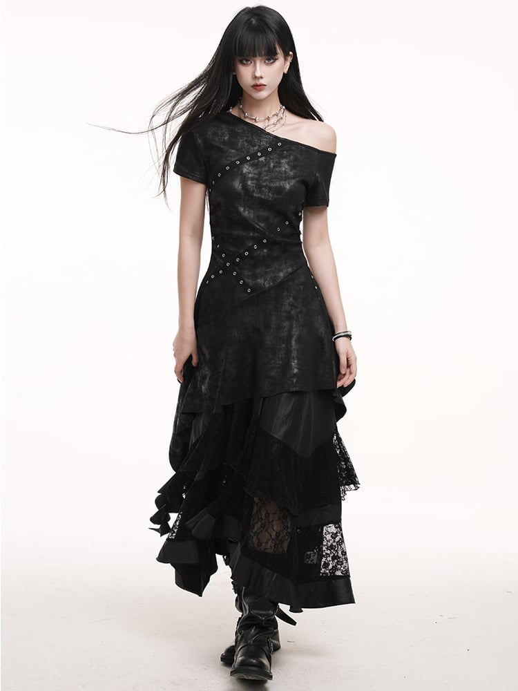 Hem Lace Patches Skirt Black Elastic Waist Asymmetrical