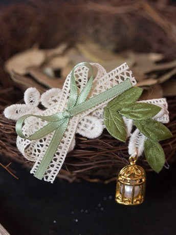 Forest Style Green Leaf Birdcage Pearl Lace Hairclip