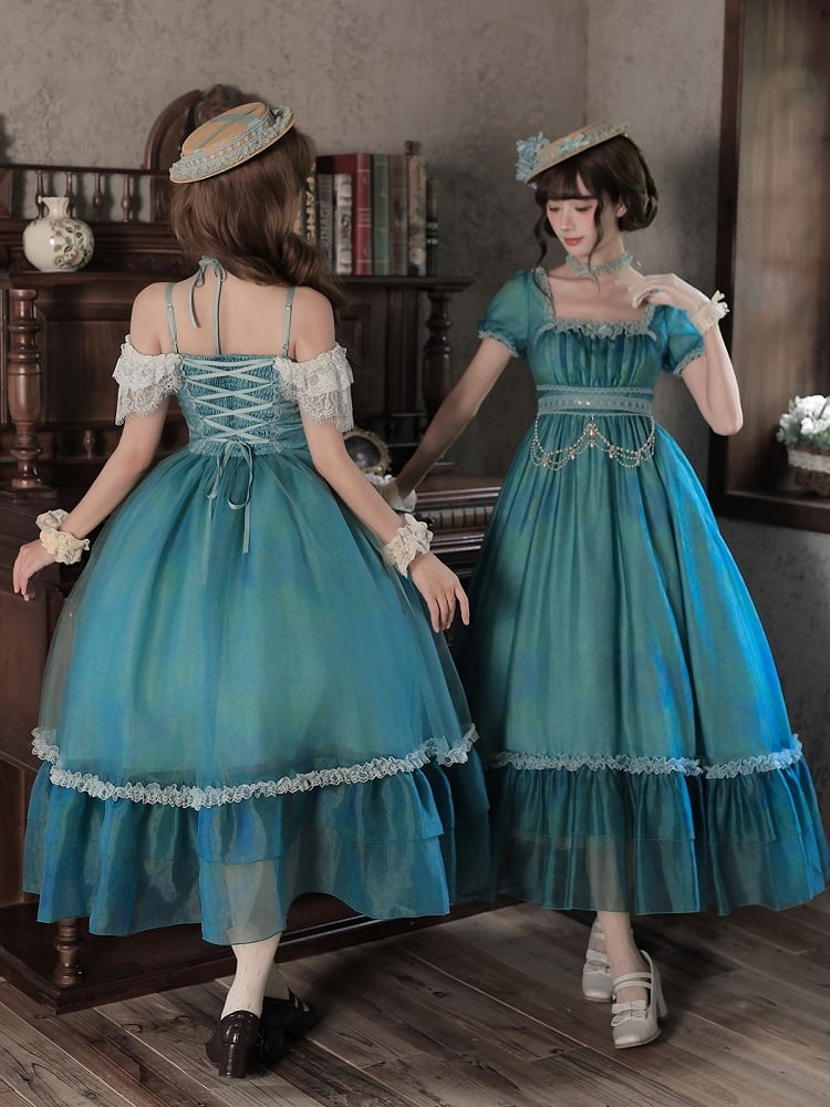 Teal Flutter-Sleeve JSK Dress with Lace-Up Back and Tiered Skirt - With PUJI