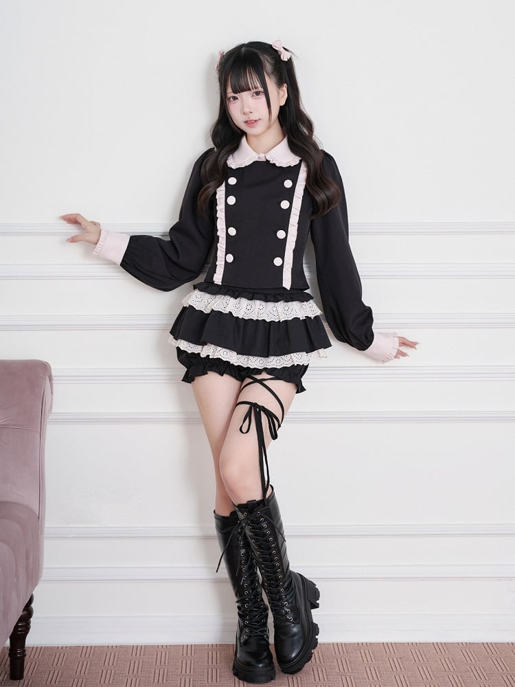 Black & Pink Jirai-Kei Peter Pan Collar Long-Sleeve Top, Double-Breasted & Ruffled - No Genki