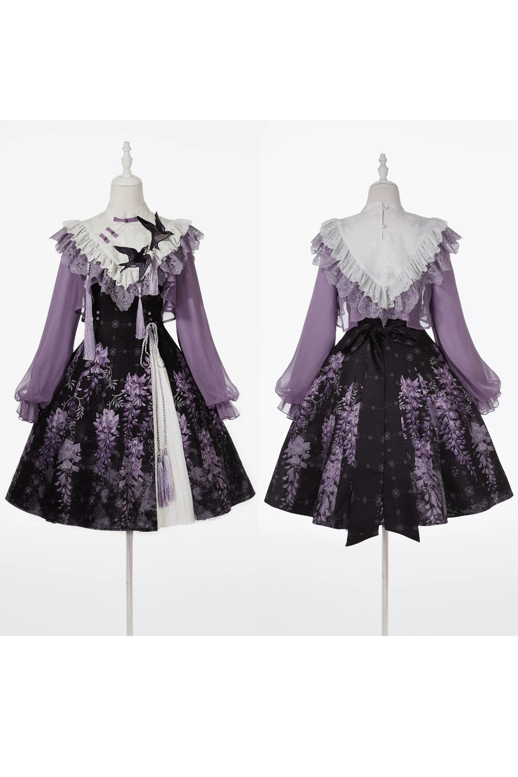 Chinese Lolita Moonlit Wisteria Purple JSK Dress + Swallow Embroidery Lace Tassel Crop Top Set