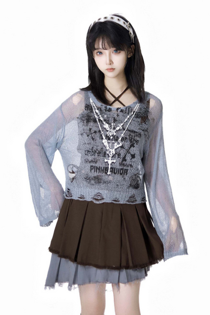 スカート + ブルーのビスチェトップ、ダークチェック、Y2K、アシンメトリー