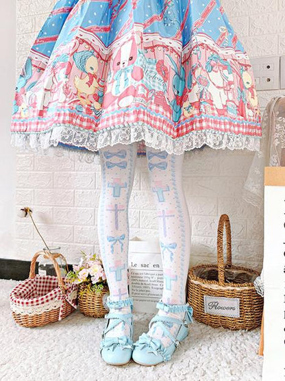 Black/Pink/Blue Sweet  Lolita Cross and Bowknot Print Overknee Stockings