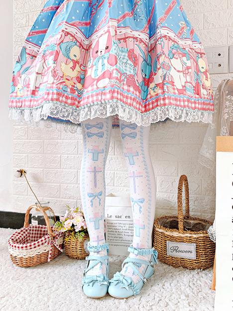 Schwarz/Rosa/Blau Sweet Lolita Overknee-Strümpfe mit Kreuz- und Schleifenmuster