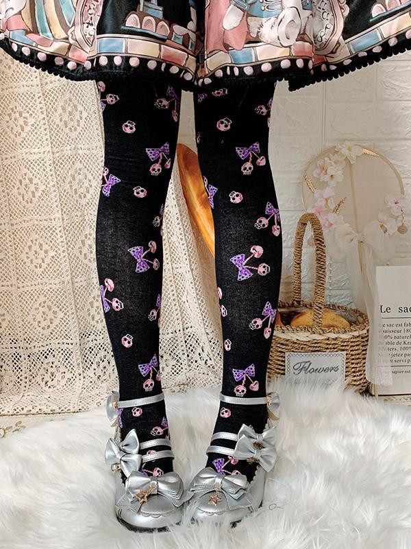 Black Skeleton Cherry Lolita  Overknee Stockings