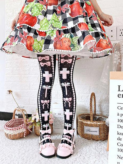 Black/Pink/Blue Sweet  Lolita Cross and Bowknot Print Overknee Stockings