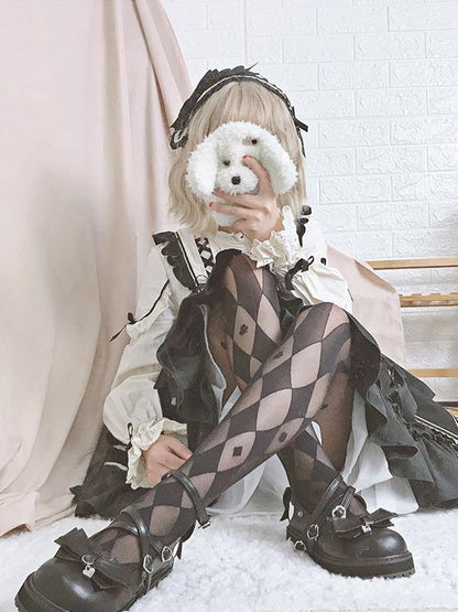 ブラック/ホワイト サーカス ダイヤモンド柄 タイツ