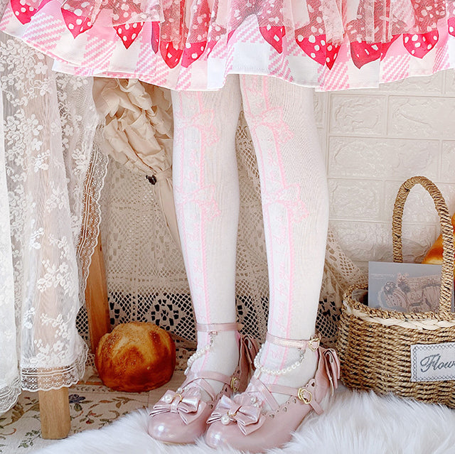 Red/Black/Blue/Pink Bowknot Print Sweet Lolita Overknee Stockings