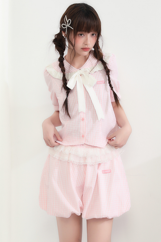 ストライプレースドールバルーンピーチ+トップパンツバブルス