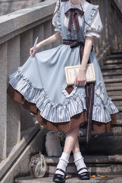 リボンシャツ レトロなヘアゴム ご予約＋ブローチ アリス風クリップスカート サスペンダー
