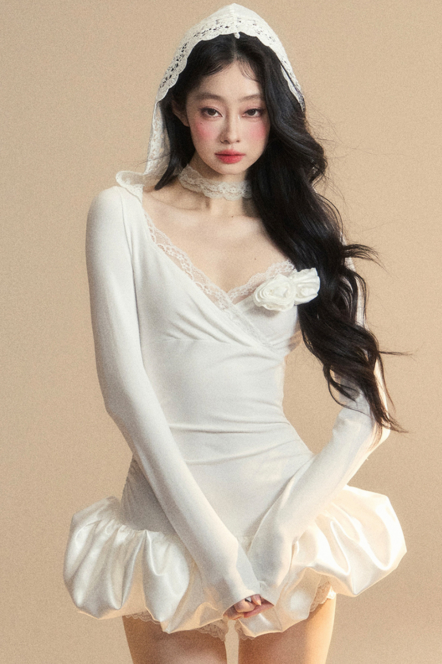 Ballon-Kurzes Spitzenkleid mit Kapuze und Ballettkern