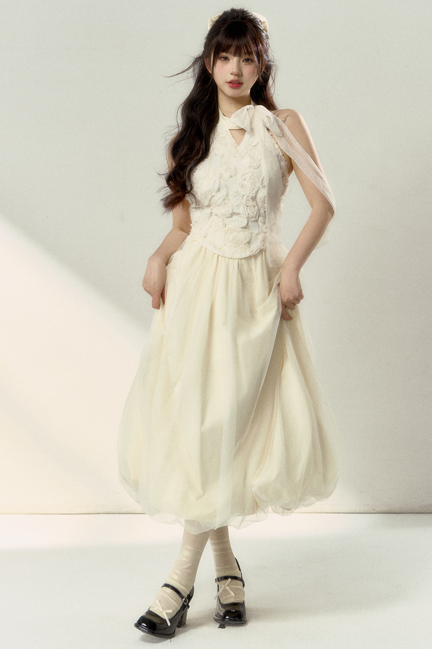 ロング丈＆スイートなノースリーブショートフラワーフレンチスカートバルーントップ