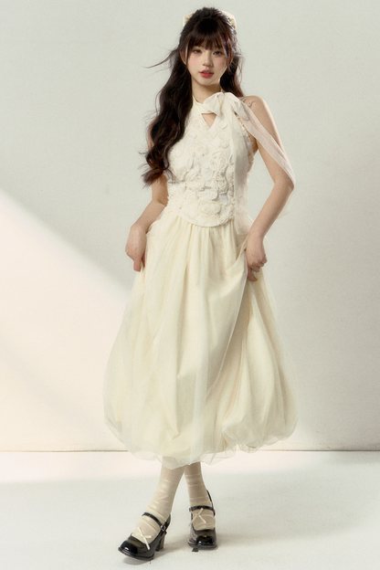 ロング丈＆スイートなノースリーブショートフラワーフレンチスカートバルーントップ