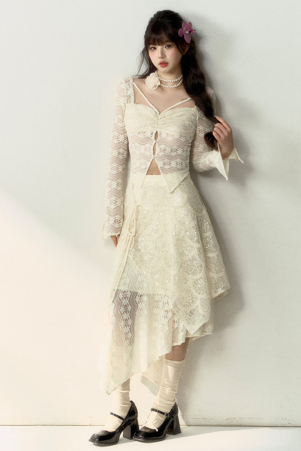 Shiny Top Sheer + French Asymmetrical Skirt Lace