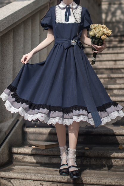 Kleid Marineblau Brosche Elegant Retro Blau + Band Schlank