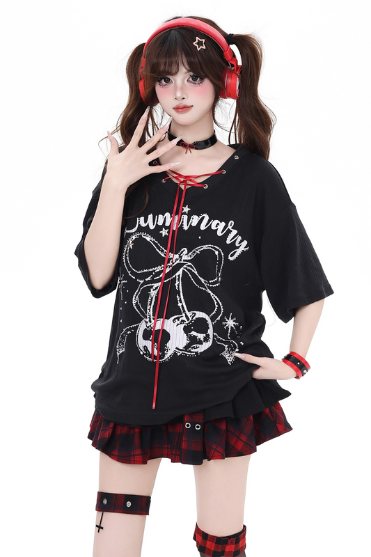 チェリーVネックのスイートトロピカルアイランドTシャツカバーアップ