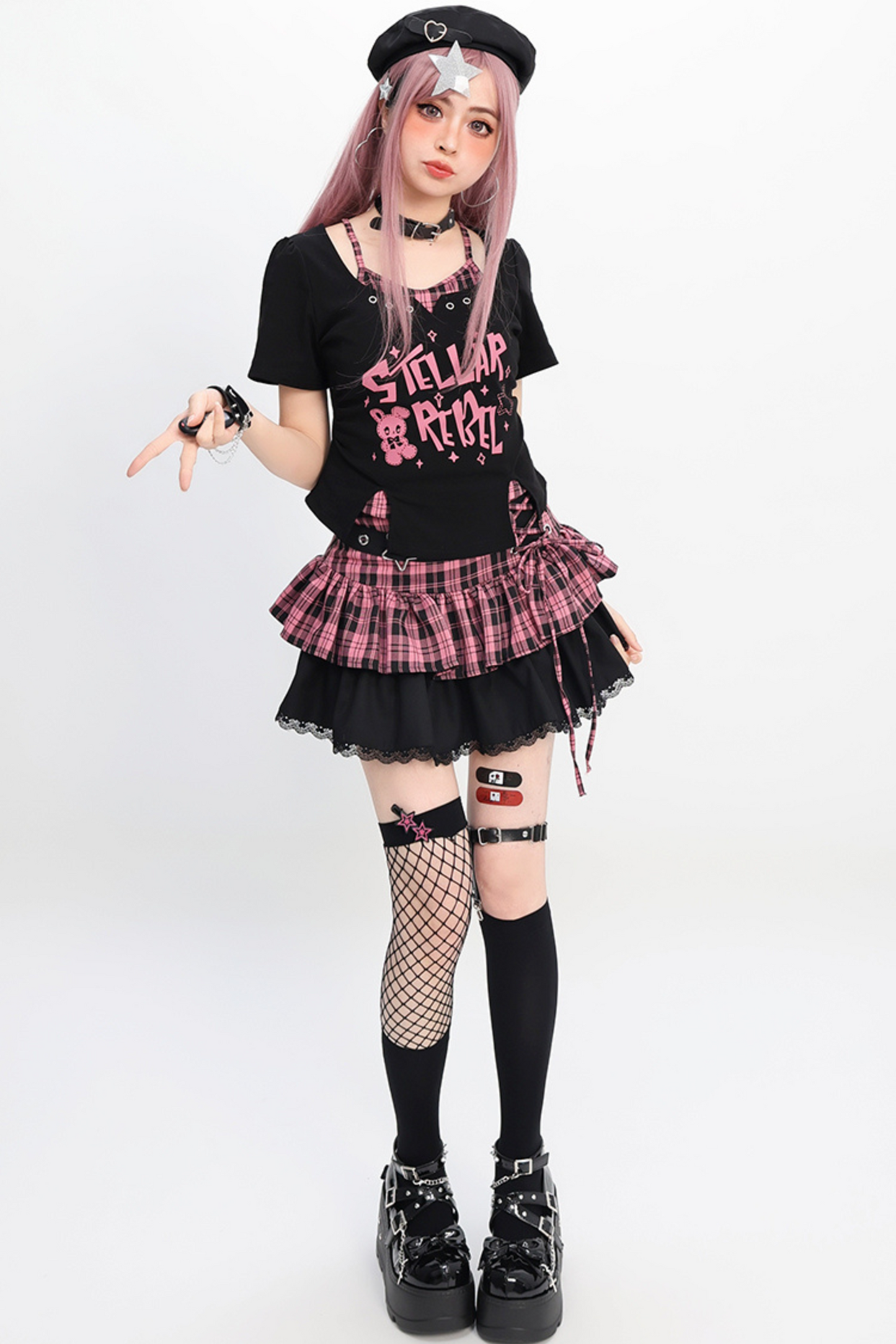 チェック柄トップス + クロップ Y2K スカート