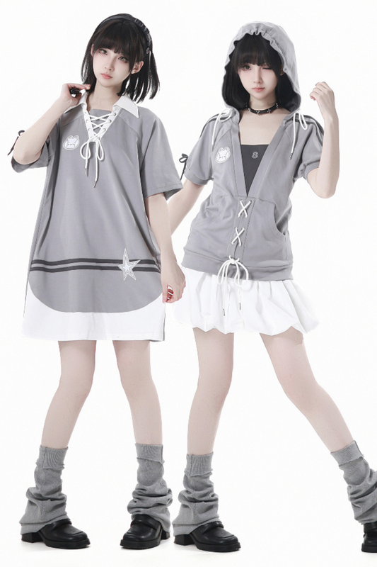 フード付きスカート レースアップトップス + ゆったりTシャツバルーン