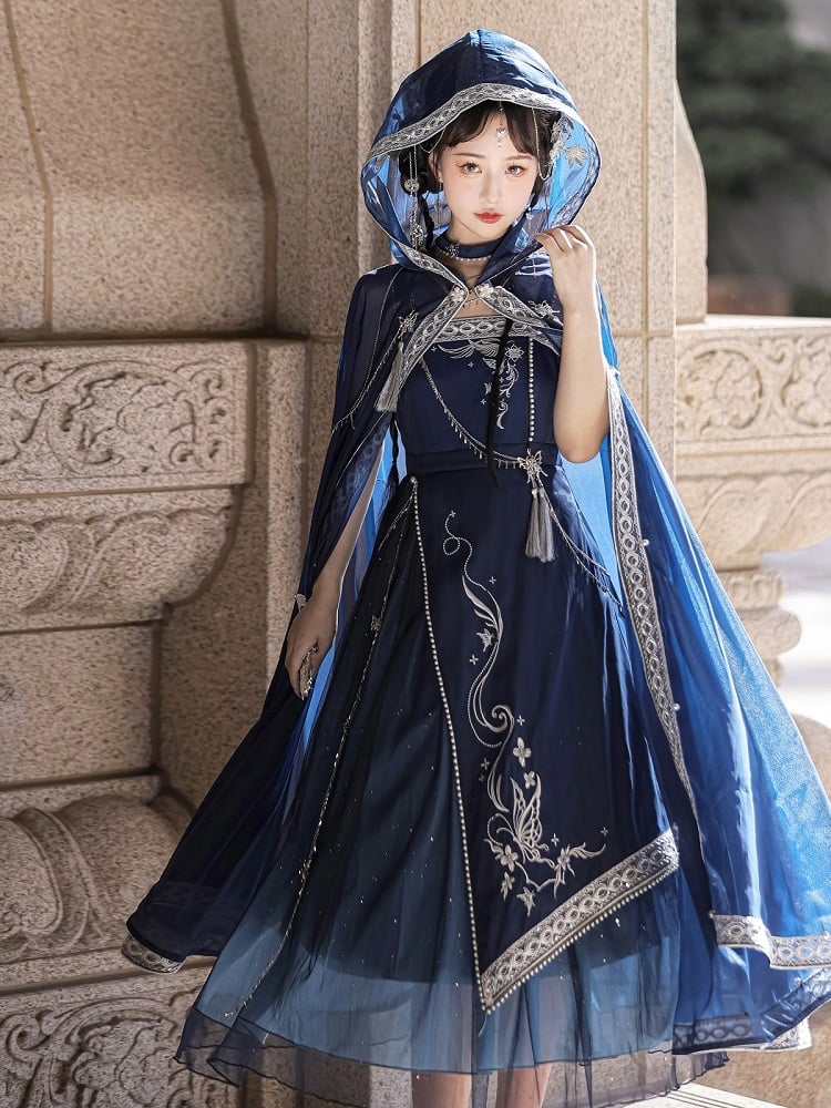 Long Night Dreamy Embroidery Chains Starry Set Blue Cloak with Butterfly + Dress Dark