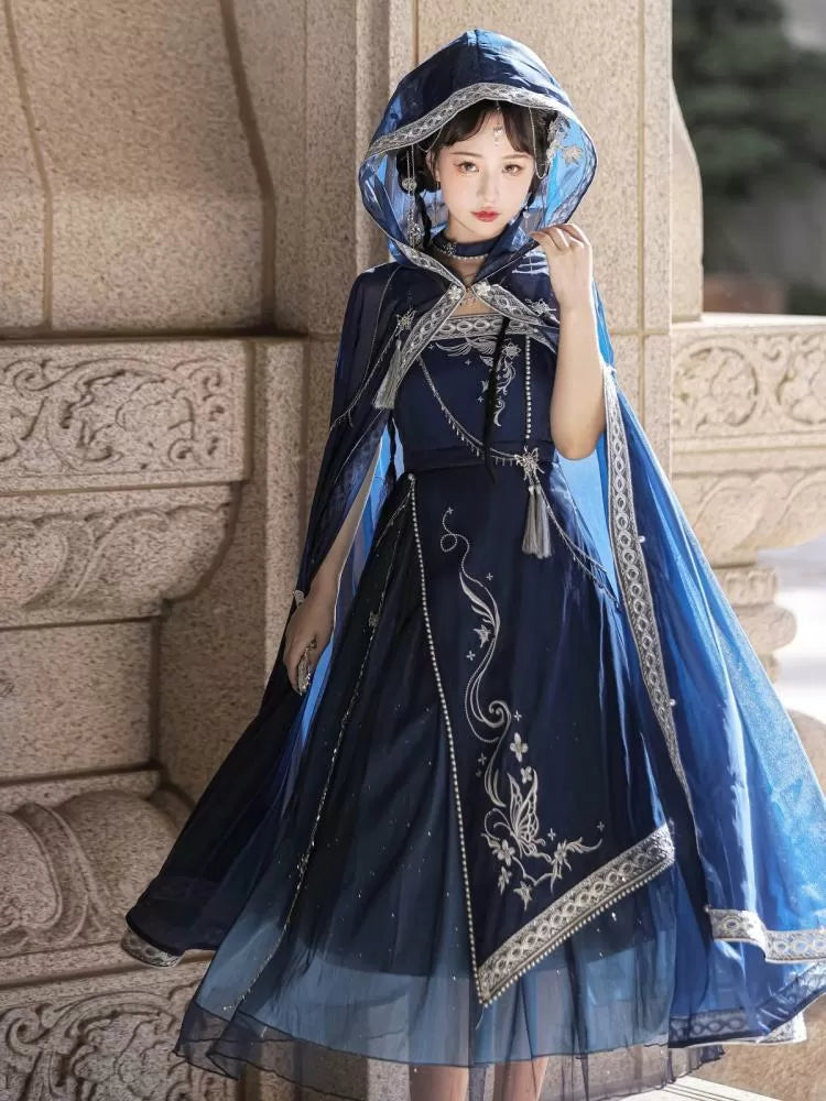 Nacht + Blau Stickerei Kleid Lange Dark Butterfly Starry Dreamy