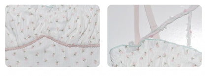 Rosa-blaues Cami-Top mit floralem Rüschenbesatz in Weiß