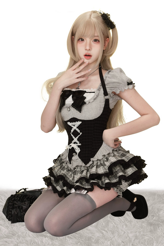 ベルト+ランゲージスカート ムーンライトトップ ブラックチェックウエスト シークレットケーキ