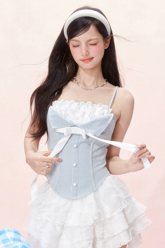 Ruffle Lace Denim Ribbon Camisole