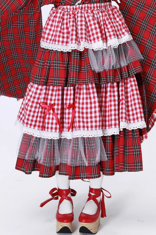 Schicker Kimono Rot Karierter Rock Retro