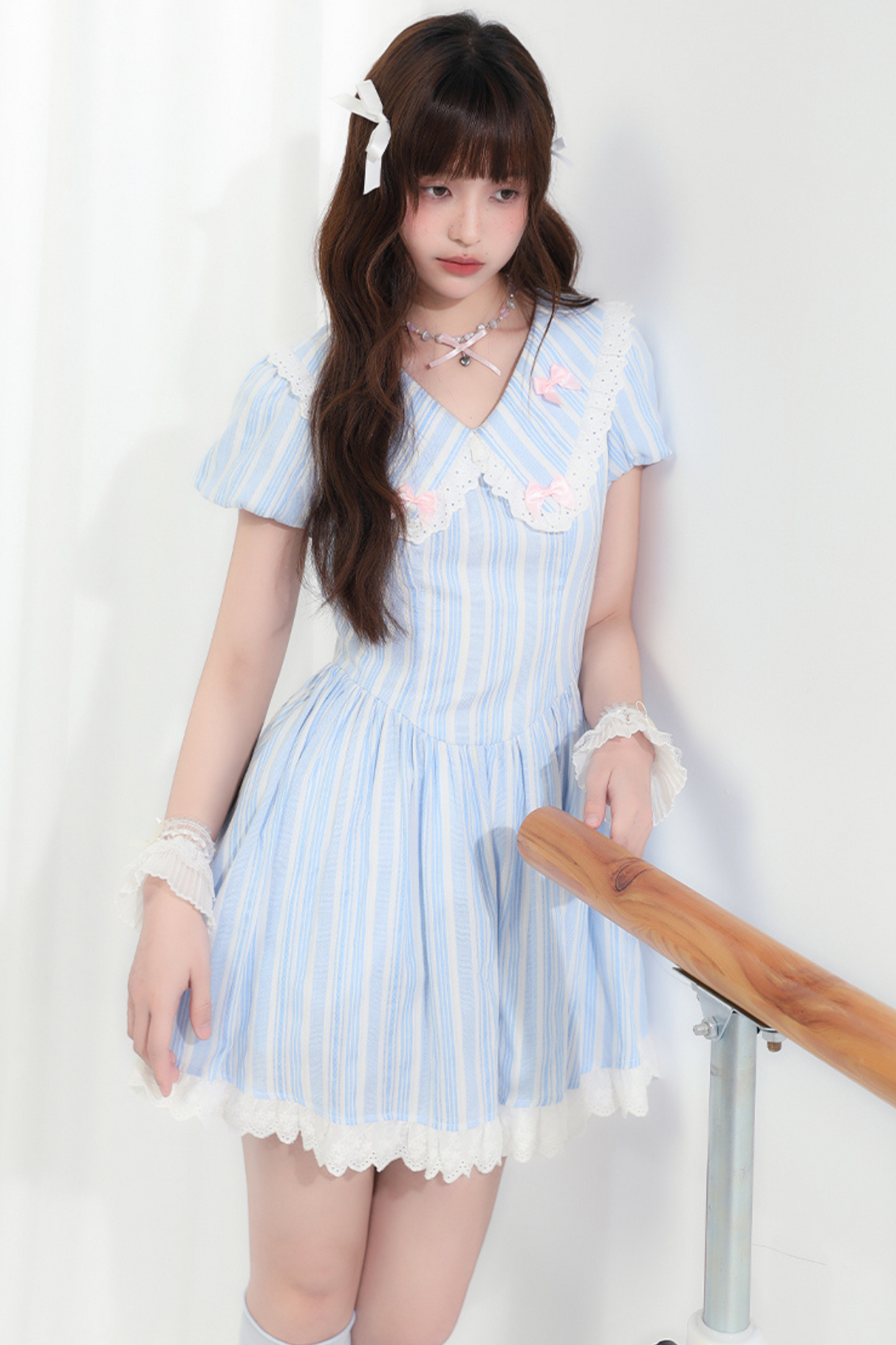 Kleid Schleife Spitze Blau Streifen