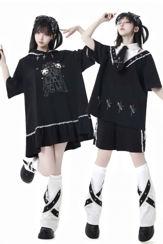 ゆったりとしたパンツトップ、フリルフード付き、ウォーマーレッグハーフドレス、ネクター